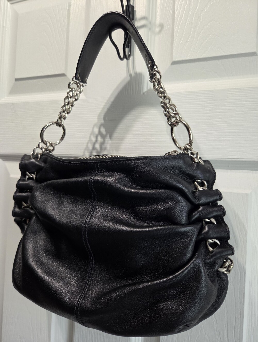 Desmo Black Leather Shoulder Bag - Convertible Strap - Ruched Pleated Crossbody